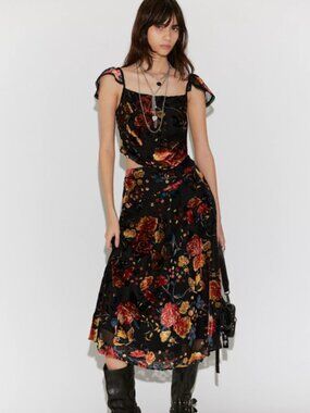 Free People Dark Floral Velvet Midi Set Burnout Detail
